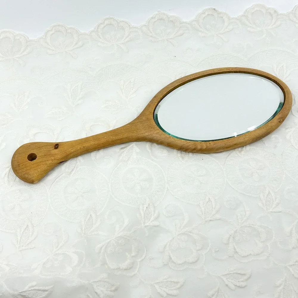 Vintage Handmade Wood Carved Hand Mirror Vanity Mirror - Boho Minimalist